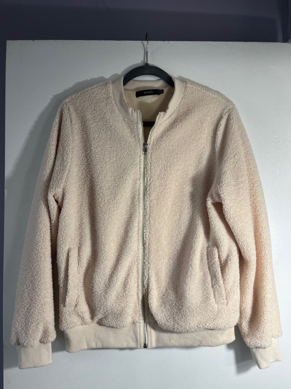 Women's Cream Teddy Fleece Zip Bomber Jacket